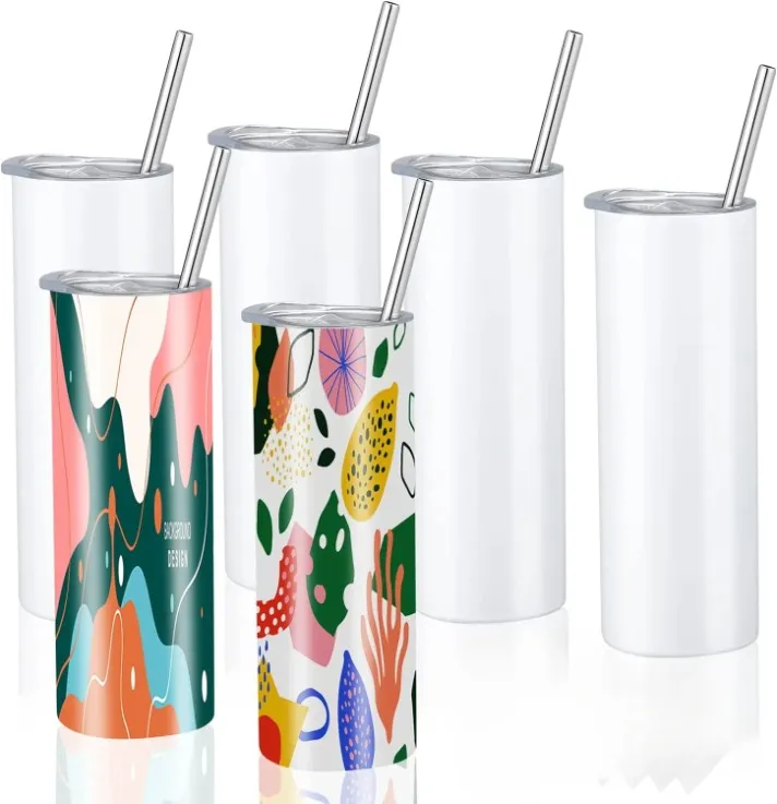 USA/CA Stock 20oz sublimering Tumbler Blank White Straight 20 Oz Slim Cups Thermos vattenflaskor med enskild ruta 116