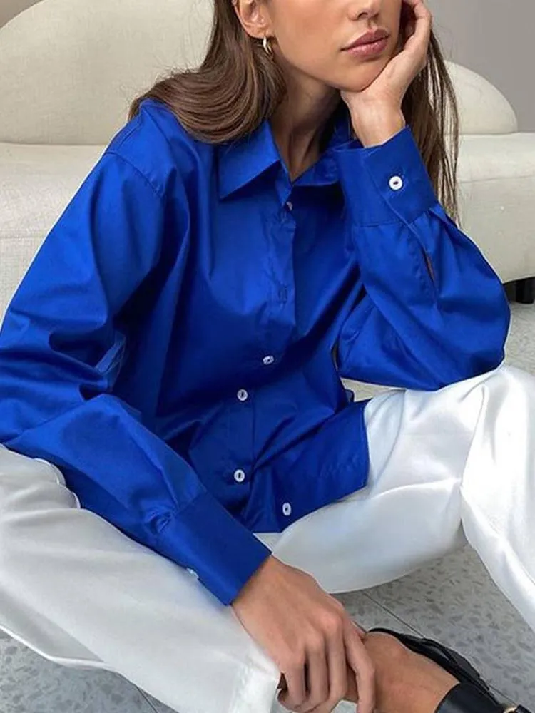 Women's Blouses & Shirts Women Elegant Satin Long Sleeve 2023 Vintage Blue Silk Shirt Female Casual Button Up Tops Spring Chic OutwearWomen'