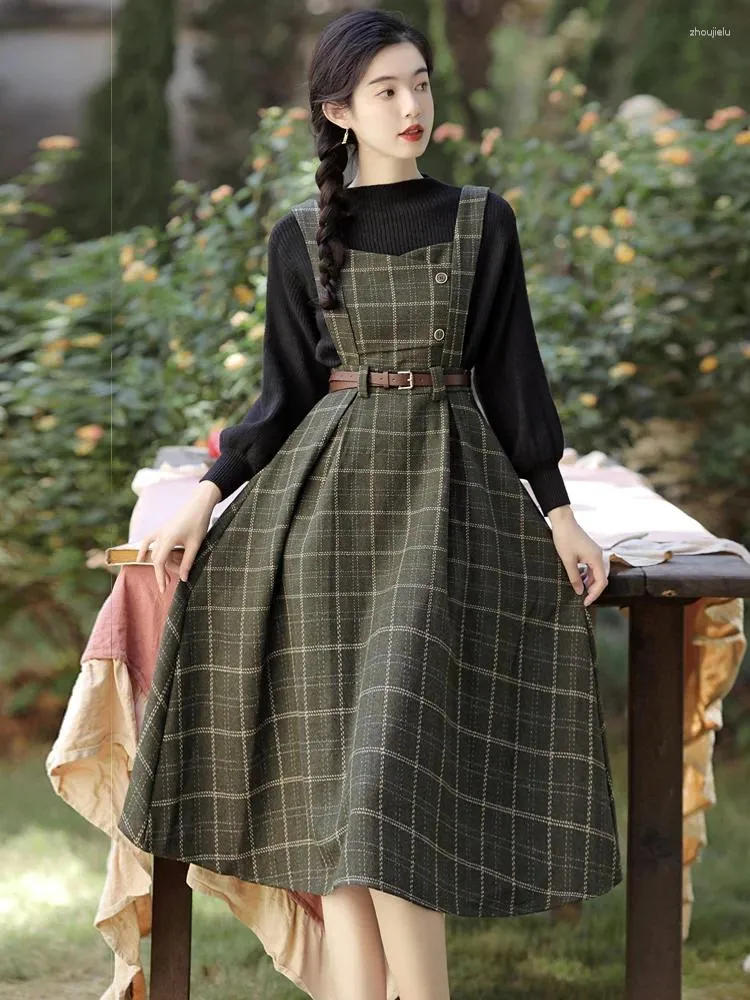 İş Elbiseleri Sonbahar Kış Kadın Kıyafetleri Vintage Tasarım Örme Siyah Süvari Üstler Retro Ekose Tank Elbise Kemer Kadın 2 Parça Set