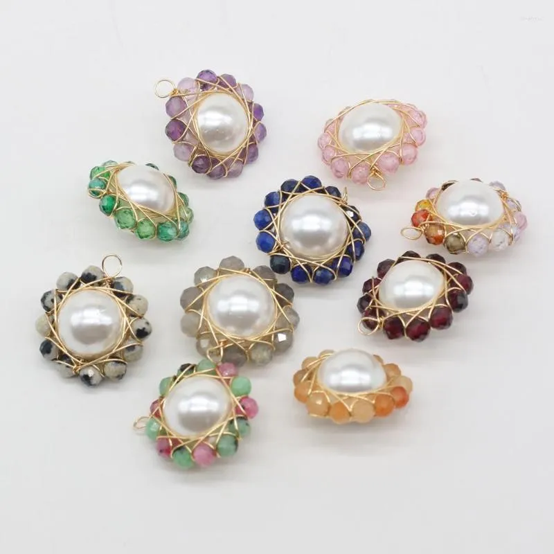 Pendant Necklaces 1pcs Natural Stone Round Sun Flower Pearl Garnet Amethysts For Women Necklace Bracelet Jewelry Accessories Size 16x18mm