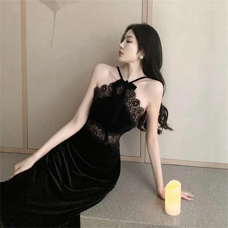 Casual Dresses Women Black Dress Sexy Sheath Lace Halter Long Retro Sleeveless Velvet Birthday Ladies Elegant Evening Vestidos