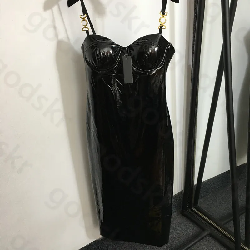 Fashion PU Cortex Slip Dress Womens Luxury Gold Buckle Harness Skirt Designer Sexy Zip Split Dress