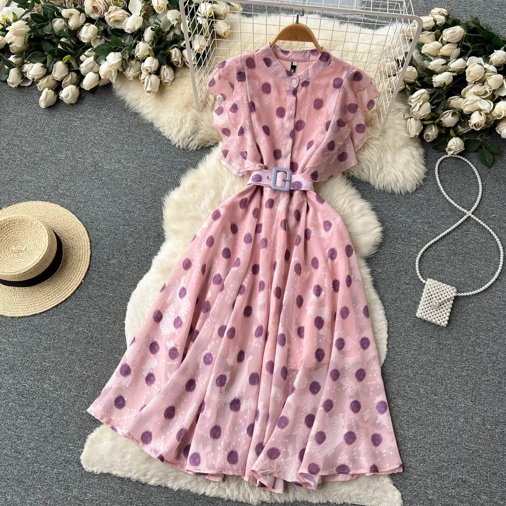 Casual Dresses 2023 Summer Ruffles Sweet Pink Dress Fashion Designer Women Runway High Street Dot Print Pleated Elegant Belt Vacation Dress