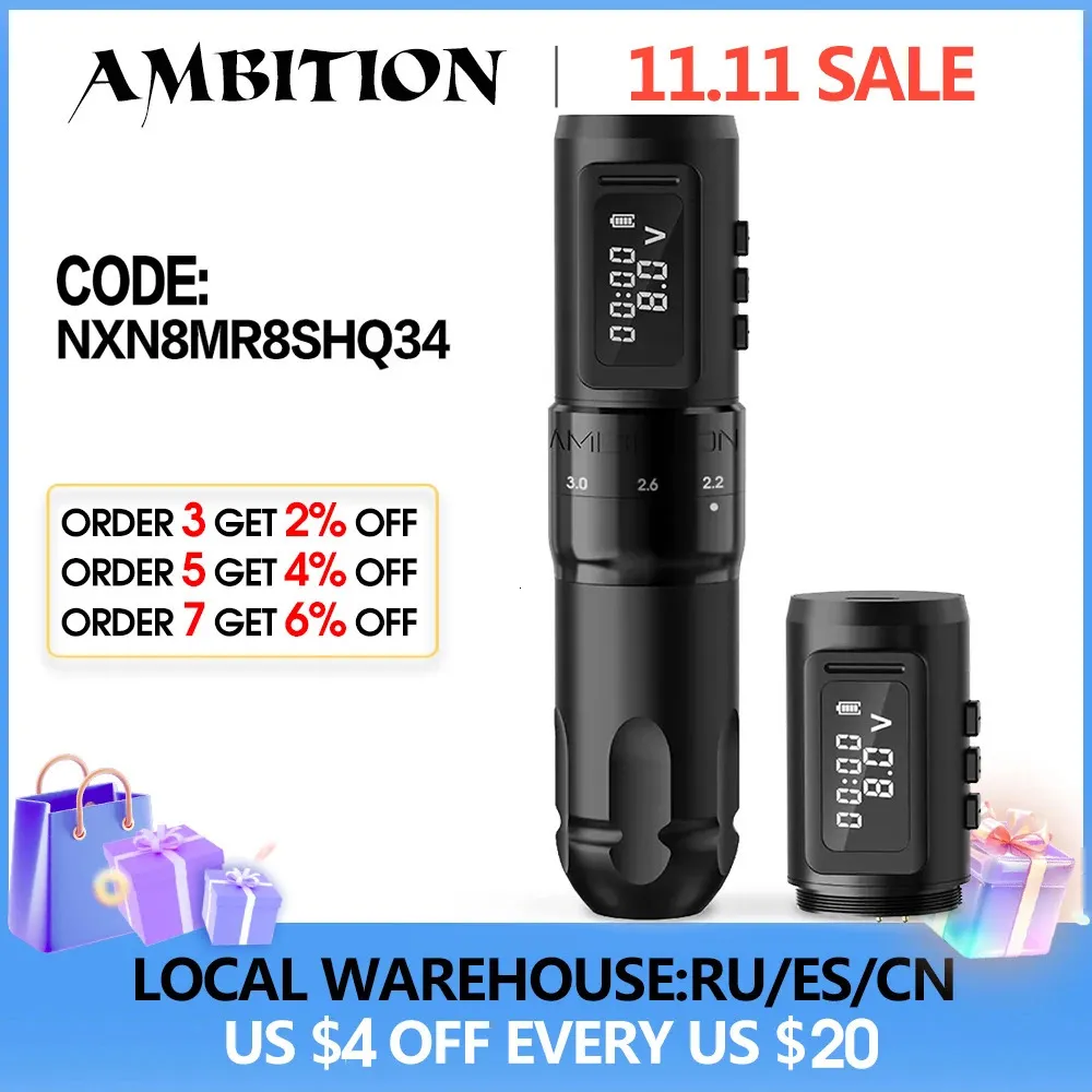 Tattoo Machine Ambition Mars-U Professional Wireless Tattoo Machine Pen Justerbar stroke 2-4mm patron 1800mAh Coreless Motor Tattoo Artists 231115