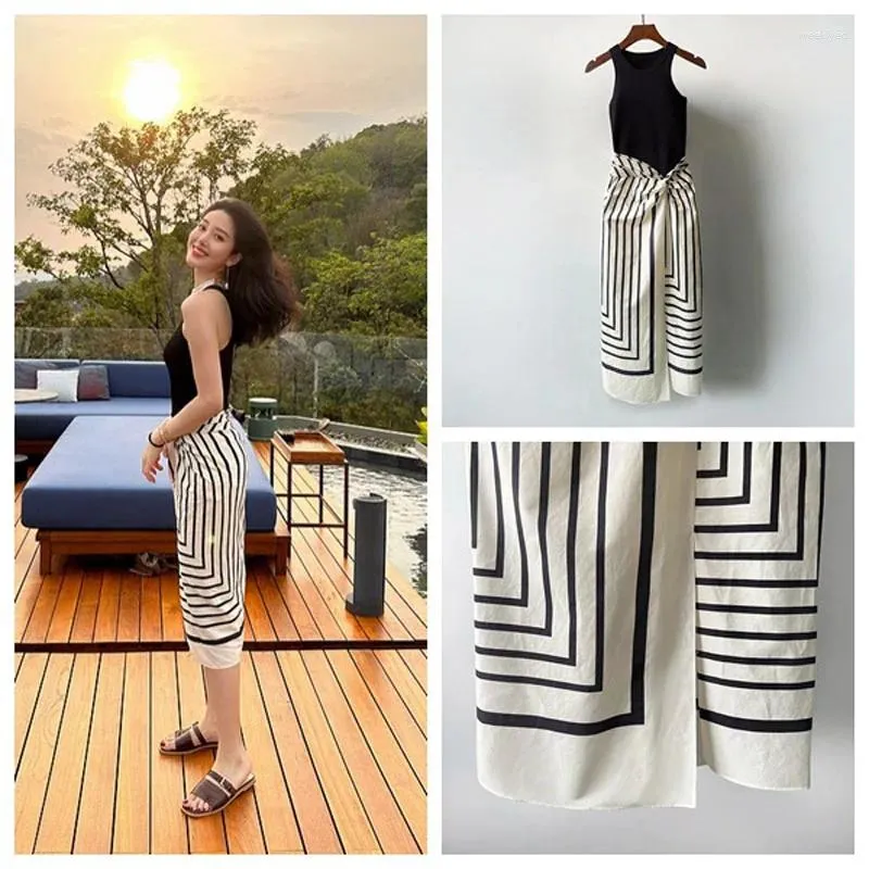 Casual Dresses Design Women Fashion Knitted Stripe Splice Sleeveless Slim Tank Dress Elegant Lady All Match Split Patchwork O-neck