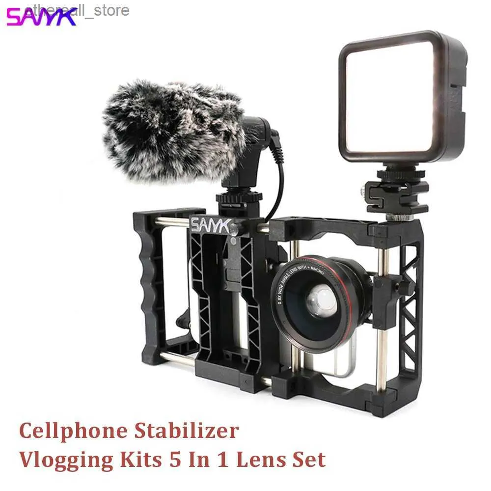 Stabilizatörler Sanyk Stabilizatör Telefon SPAKE Gimbal Vlog Kiti Mikrofon LED Dollamı lens Set Telefon Kafesi Akıl