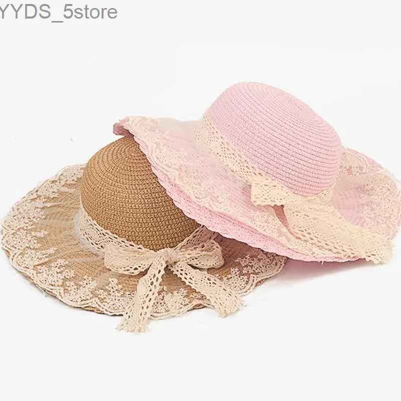 Cappelli a tesa larga Cappelli a secchiello Cappelli estivi in pizzo da sole per le donne Nuova moda Sombrero Cappellino a tesa larga da spiaggia Cappello floppy femminile per ragazze Bambini YQ231116