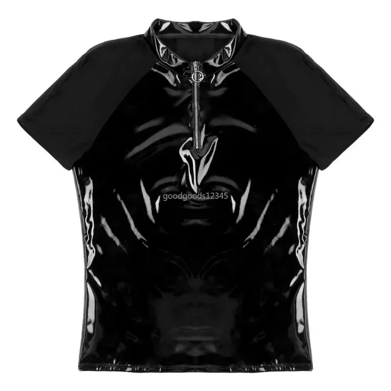 メンズTシャツメンズトップシャツブラックウェットルックパテントレザーシーシアー半袖の半分フロントジッパーTシャツクラブウェアポールダンスコスチューム