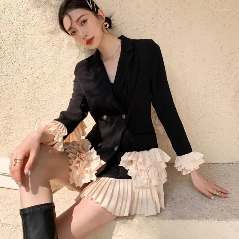 Women's Suits Luxury Designer Fashion Notched Collar Long-Sleeved Blazer Coat Autumn Double Breasted Sweet Ruffles Patchwork Chic Top Female