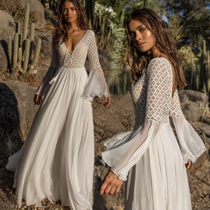 Costume da bagno da donna stile pizzo con maniche a tromba cava gonna da spiaggia vacanza costume da bagno lungo camicetta camicia di protezione solare al mareDonna