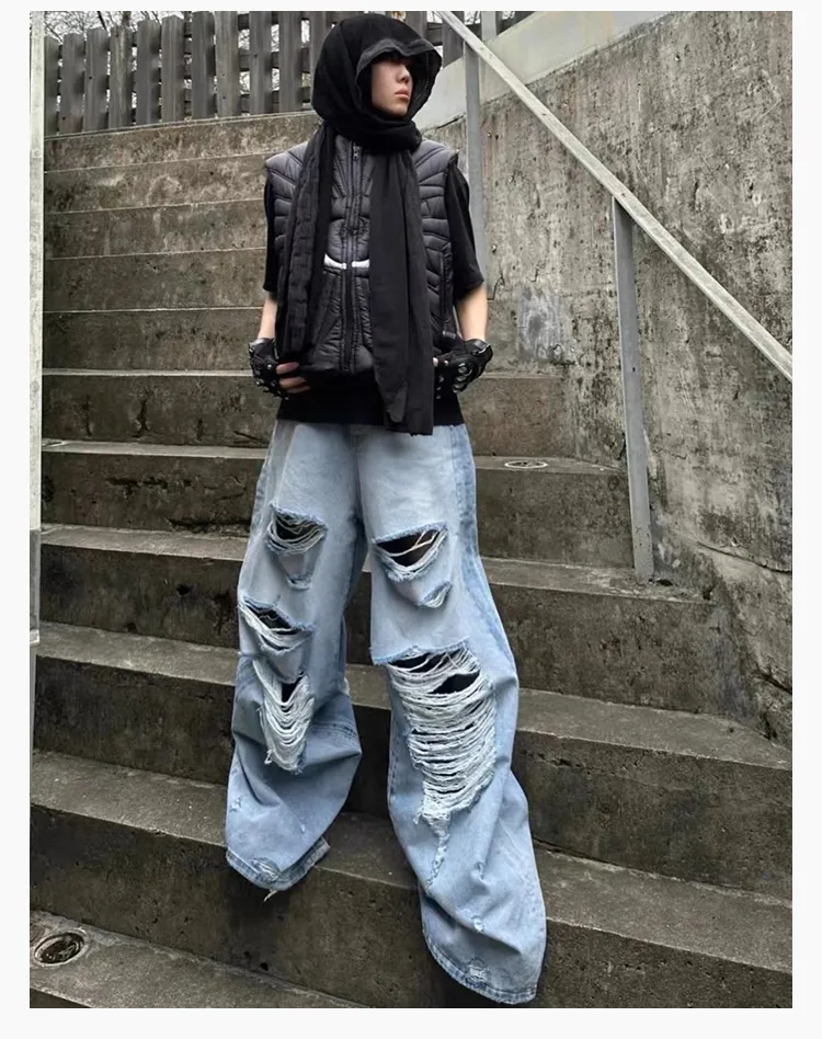 Vetements originais perna larga para calças soltas rasgadas lavadas azul queimado masculino hiphop jeans causal