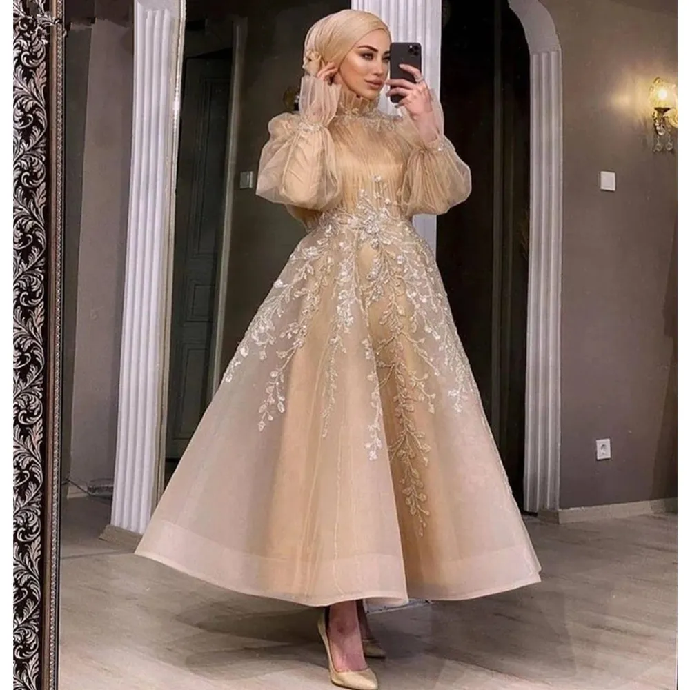 Elegante moslim champagne hoge hals prom avondjurk voor zwarte meisjes volledige mouw Marokkaanse kaftan applicaties formele feestbaljurk