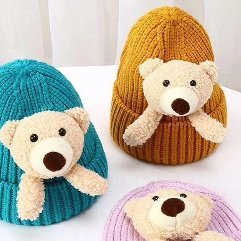 Berets Kids' Knitted Hat Plush Doll Bear Woolen Cap Little Autumn Winter Thickened Warm Baby Cute Outdoor Accessories