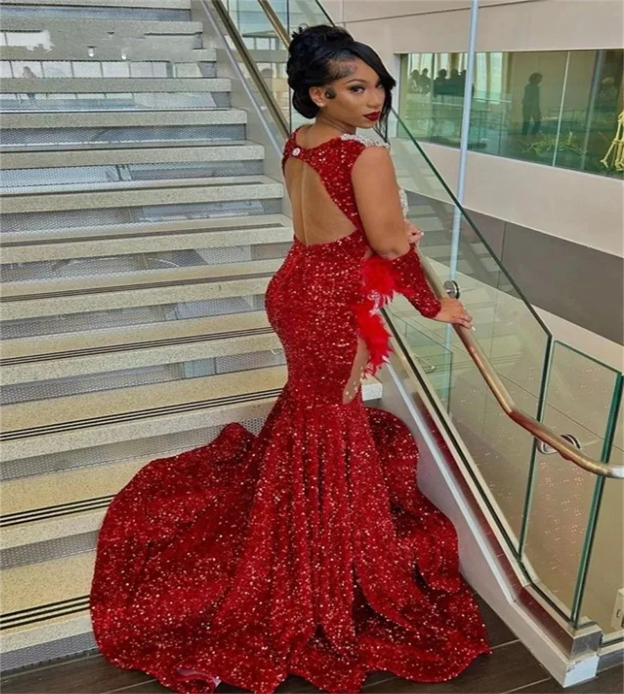Sparkling Red Sequin Feather Mermaid Red Sparkly Prom Dress for Black Girls - Plus Size Evening Gown with Open Back and Beaded Details (2024)
