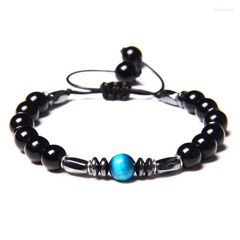 Bracciale con perline in filo 8mm Pietra naturale Occhio di tigre Onice nero Perline curative Bracciale con fascino elasticizzato Yoga per gioielli da donna