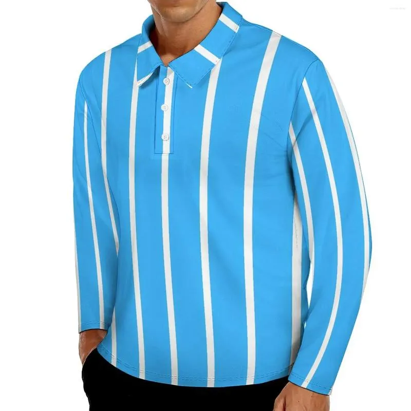 Herrpolos vertikal randig polo skjorta dagligen blå och vit casual långärmad krage modedesign överdimensionerade t-shirts