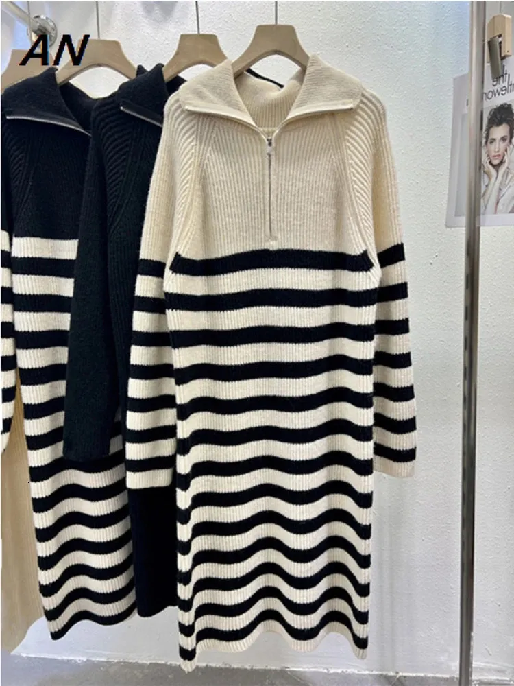 Basic Casual Dresses Womens Elegant Dress AutumnWinter South Korean Knitted Long Sleeve Drawn Long Sleeve Striped Jacket Sweater 231116