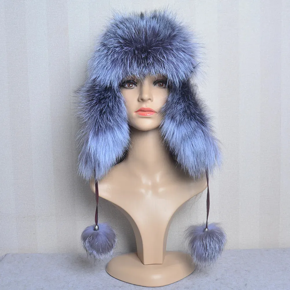 Winter Fur Fox Fur Trapper Hat With Ear Real Russian Womens Bomber