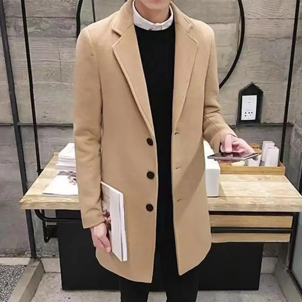 Men's Jackets Lapel Collar Coat Wool Stylish Business Coats Singlebreasted Antiwrinkle Midlength Cardigans in Solid for Fall 231115