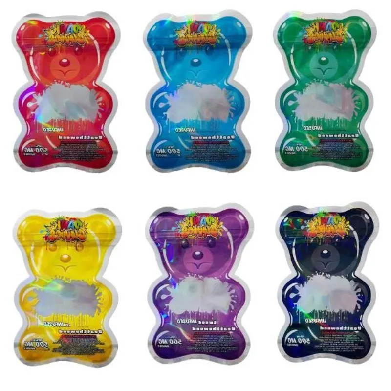 Sacs d'ours en forme spéciale, vente en gros, sac de 500 mg, cubes de vers, emballage en Mylar, vert, bleu, rouge, violet, Gviho