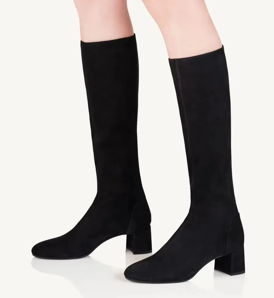 2024 elegante botas de marca de inverno mulheres karter camurça joelho-alto preto camurça azul couro salto alto chelsea bota pontiaguda senhora botas festa vestido de casamento caixa