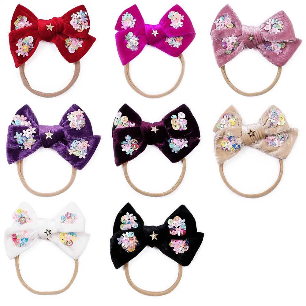 2023 New Girls Velvet Hair Bow com bandana de nylon magro ou clipe de cabelo, meninas de lantejoulas de lantejoulas acessórios de cabelo crianças crianças