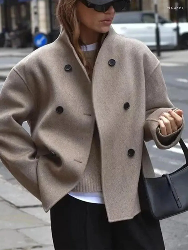 Chaquetas de mujer elegante gris mujer chaqueta suelta 2023 invierno manga larga doble pecho soporte collar cálido abrigo femenino top y2k