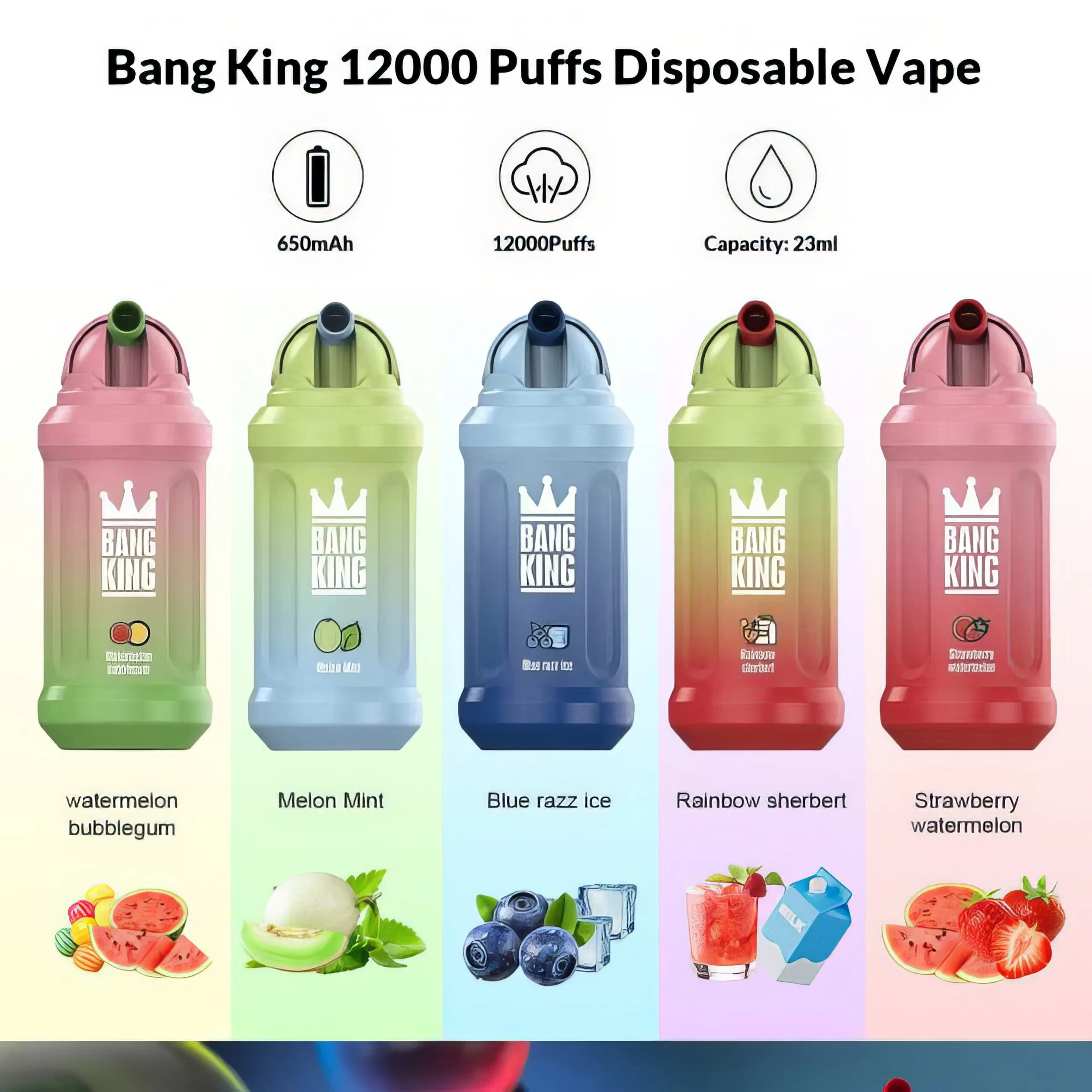 Original Bang King 12000 12k Puff Bars Disposable Vape Pen E cigarettes 23ml Pre filled Pods Cartridge 650mAh Rechargeable Battery Puffs 12K