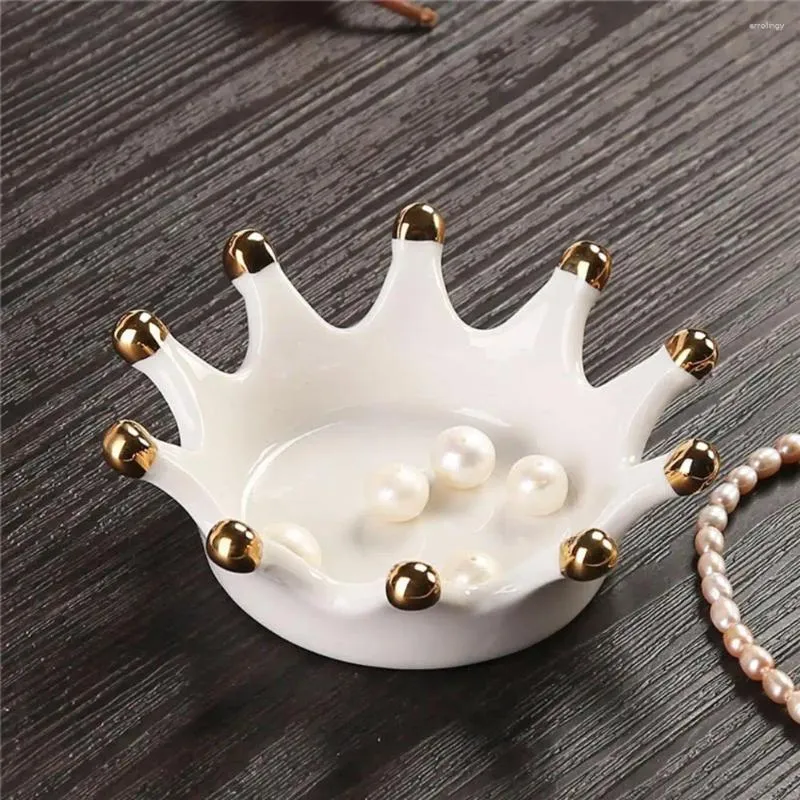 Bolsas de joyería Práctico Soporte de anillo de corona de cerámica Plato Bandeja delicada Anillos Collares Pendientes para dormitorio