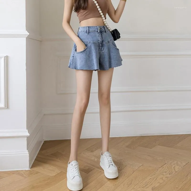 Short féminin Femmes Summer High Wide jambe Denim volant plissé à l'évacuation Hémordal décontracté jean pantalon court pantalon streetwear