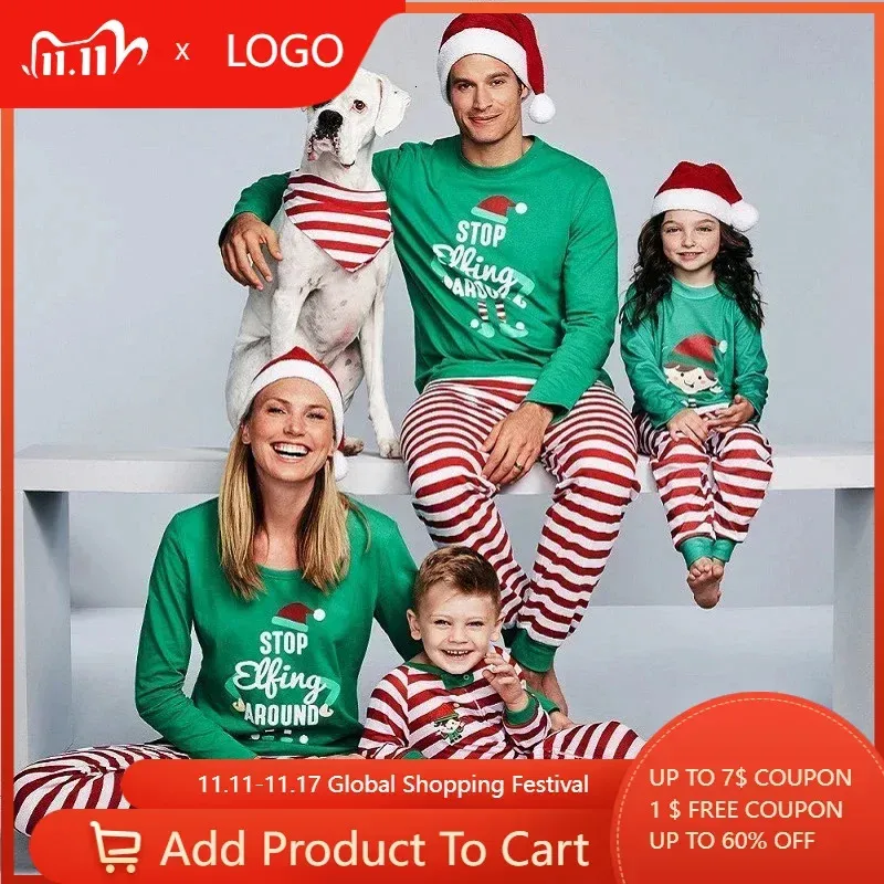 Familjsmatchande kläder Familj Julpyjamas Set 2024 Xmas Letter Print Stop Elfing Around Family Matching kläder Vuxen Kid Pajamas Baby Romper 231115