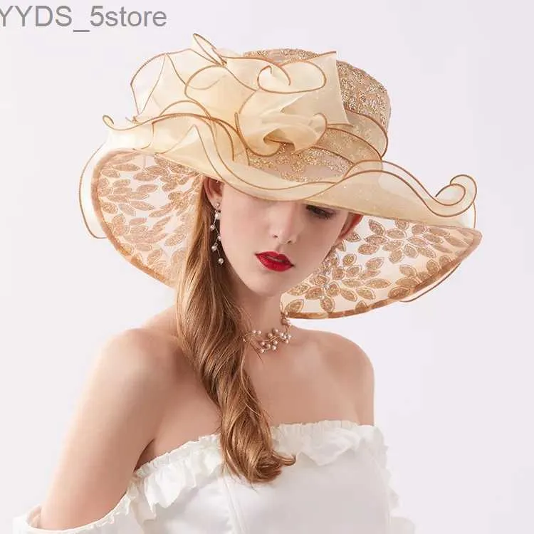 Wide Brim Hats Bucket Hats Summer Flower Organza Beach Cap Kenducky Big Fascinator Hats Wedding Rhinestone Sun Hat Women Elegant Wide Brim Chapeau Femme YQ231116