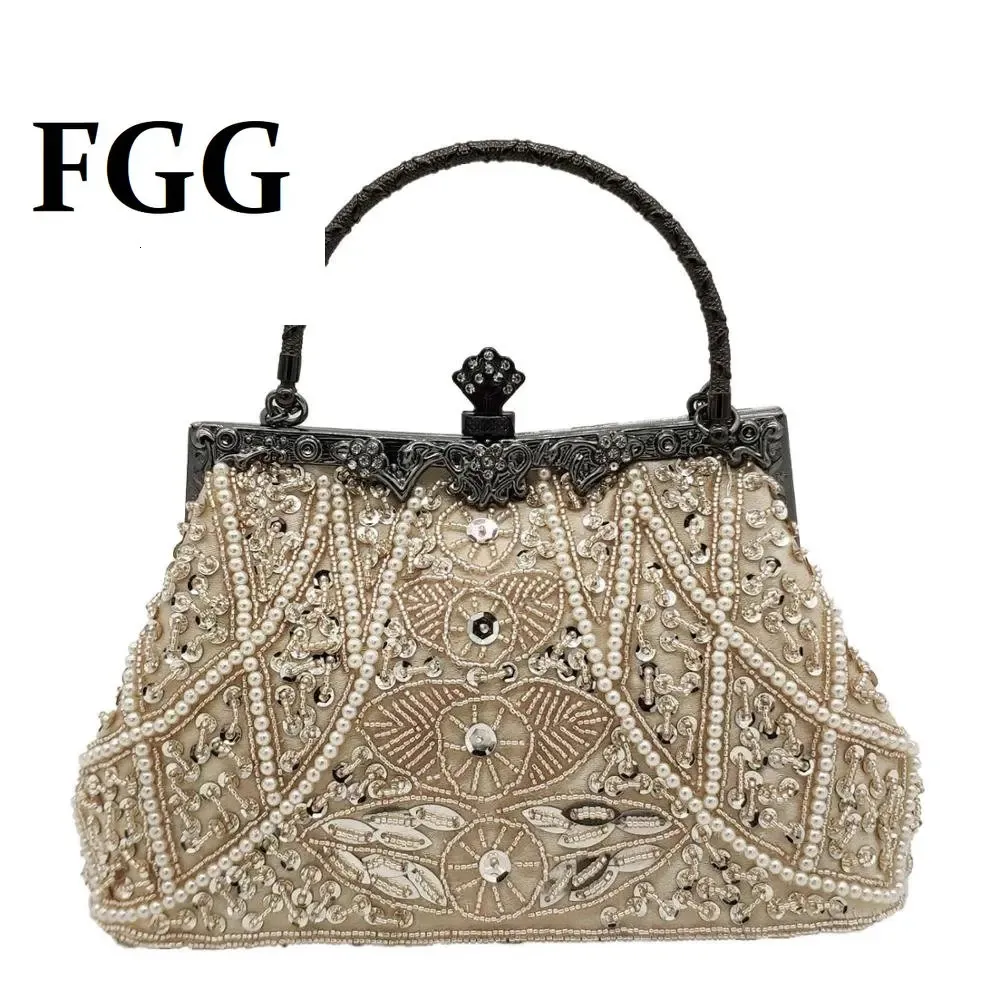 Bolsas de noche Boutique de FGG Vintage Mujeres Champagne Monederos con cuentas Bolsos de boda Damas Cóctel Fiesta Embrague 231115