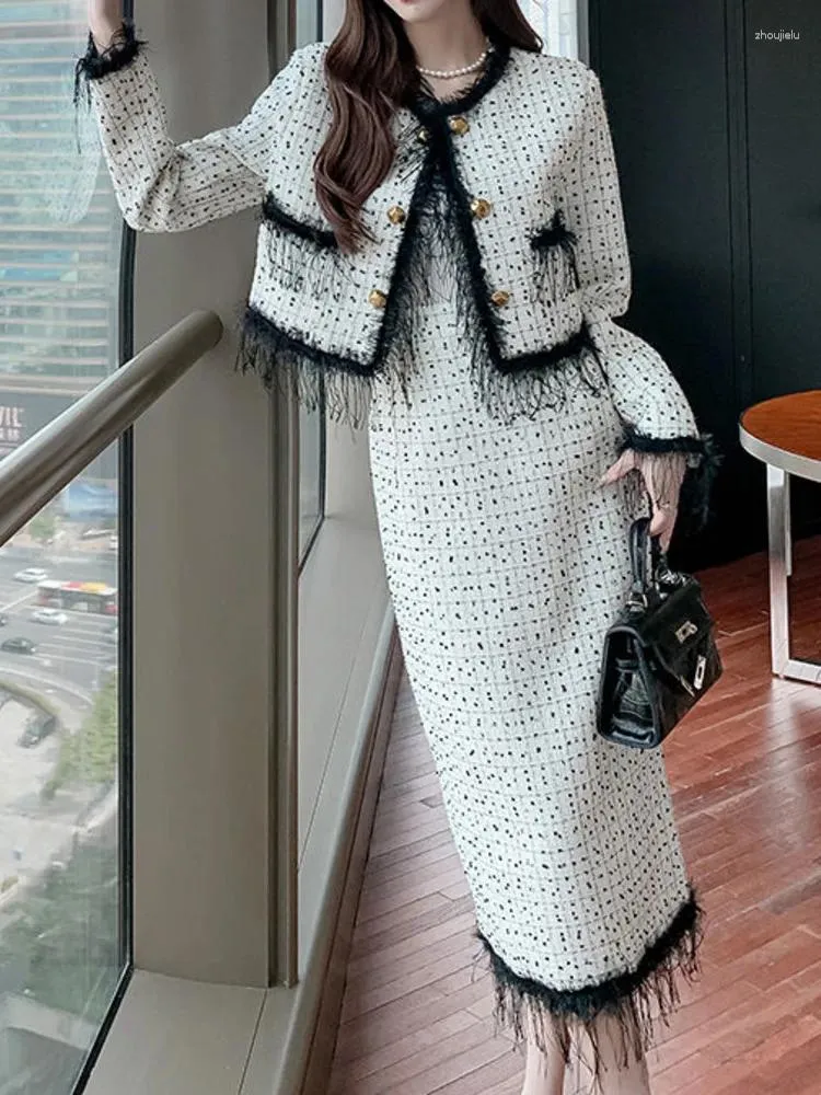 ワークドレスエレガントなオフィススカートスーツレディース秋のタッセル格子縞のジャケットコートハイウエストバッグヒップロング2ピースセット
