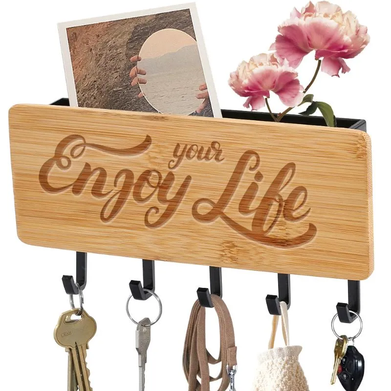 Hooks & Rails Bamboo Wood Key Hanger With Enjoy Your Life Pattern Black White Multifunctional Entrance Storage And Wall Hanging For Home Hou