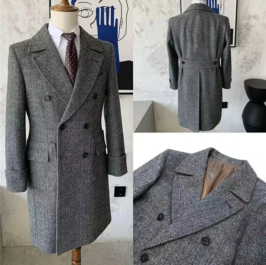 Men's Suits Blazers Suit Long Coat Black White Herringbone Wool Tweed Medium Length Bussiness Retro Thickening Jacket for Wedding 231116