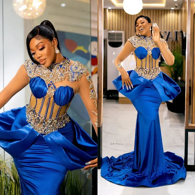 Nigerian Lace Styles Prom Dresses Long Sleeves High Neck Beaded Crystals Mermaid Luxurious Royal Blue Mermaid Evening Dress African Gowns