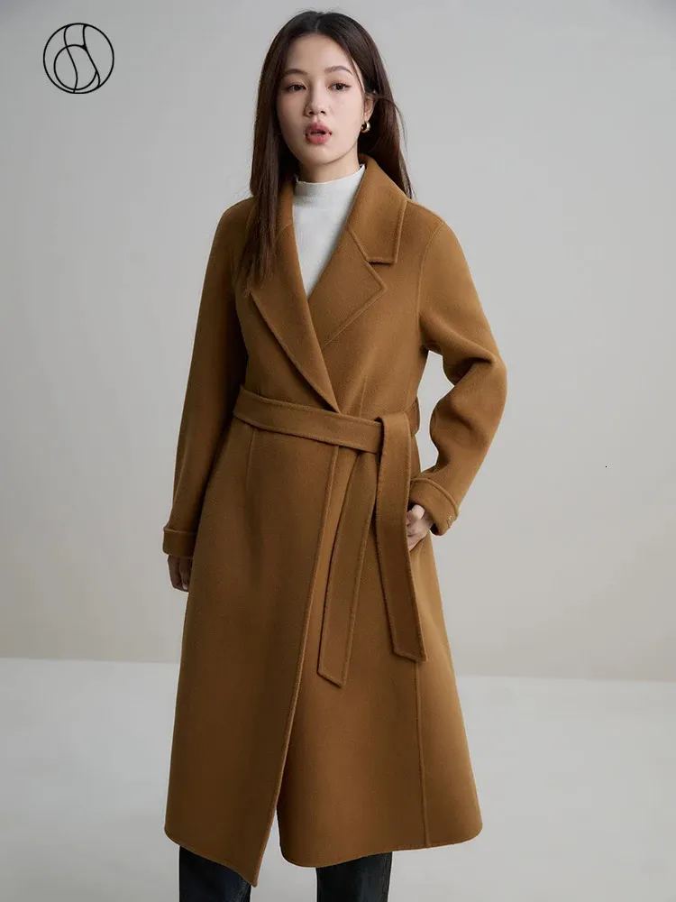 Women's Wool Blends DUSHU 10.1% Cashmere 89.9% Wool Women Temperament Camel Long Woolen Jacket Belt Design Front Shoulder 100% Wool Black Wool Coat 231116