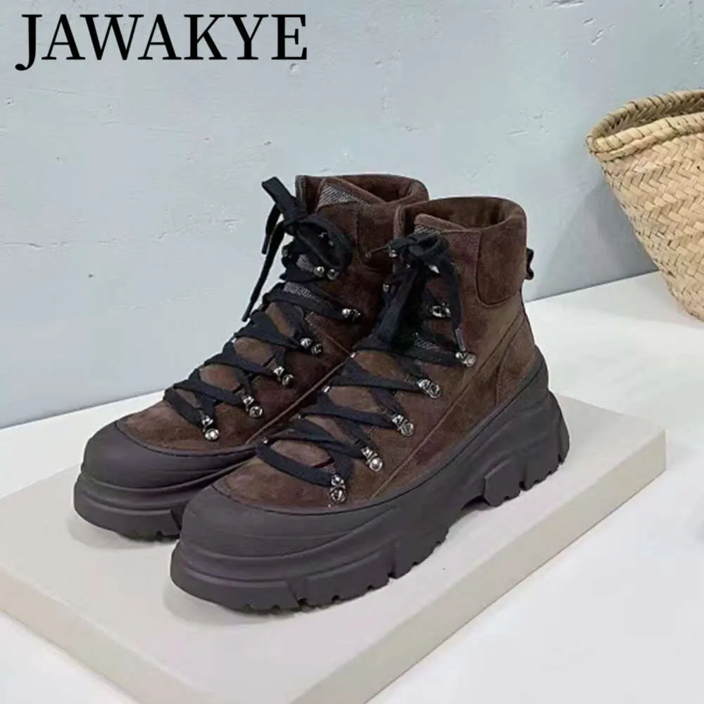 2023 Winter Designer Suede Hiking Boots Women Knight Boots Thick Bottom Round Toe Women's Boots Runway Lace up Female Bota Women