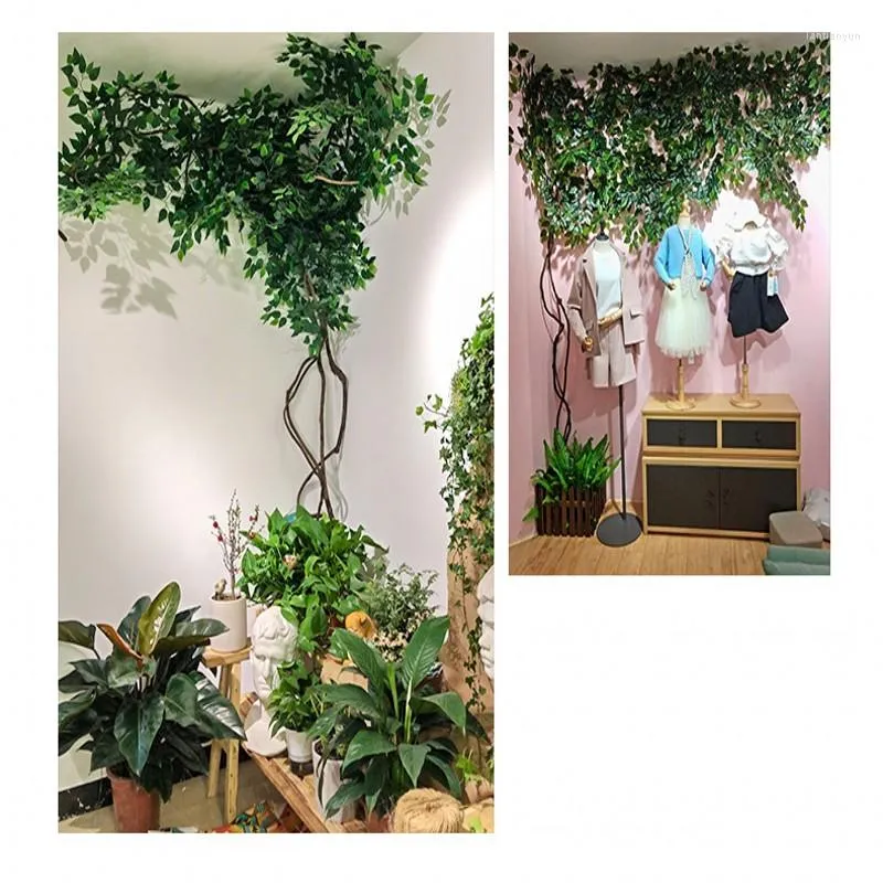 Flores decorativas Plantas verdes artificiais Ficus Leaf Ginkgo Biloba Ramos com conjuntos de vime de árvore seca para decorações de sala de estar em casa