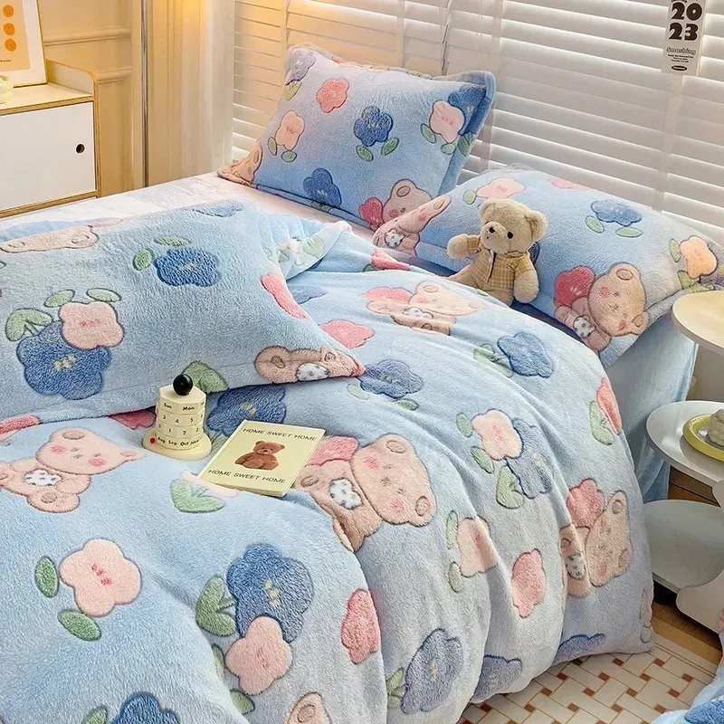 Bedding sets Warm Soft Flannel Duvet Cover Coral Fleece Winter Thick Single Double Queen King Size Blue Bear Quilt cover Sided Velvet Bedding 231116