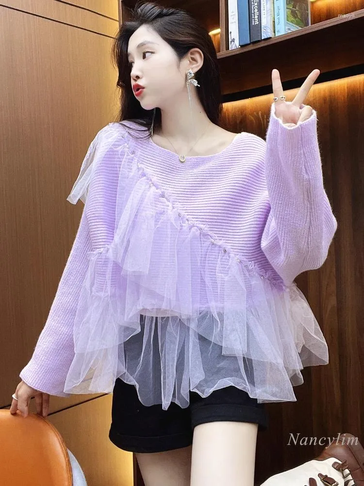 Chandails pour femmes pull violet automne industrie lourde perles dentelle maille couture lâche couleur unie fée haut pull femme