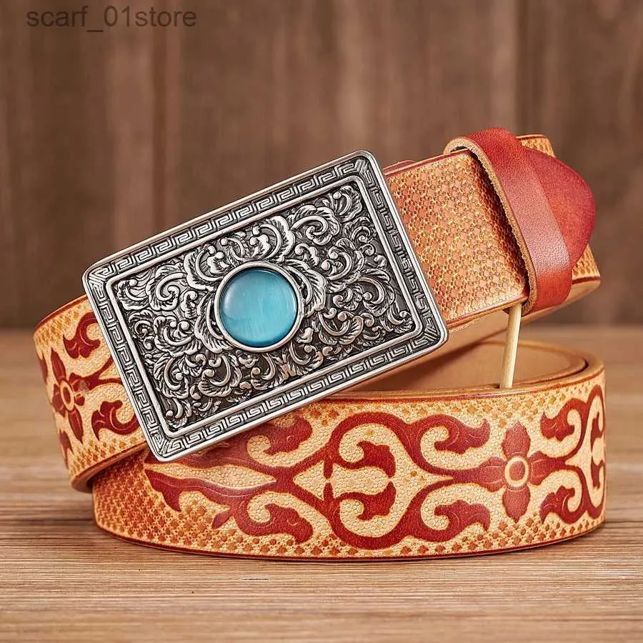 Belts 3.8CM Real Cowskin Genuine Leather Belt for Men Wide Quality Design Chinese Ethnic Style Auspicious Pattern Embossing StrL231117