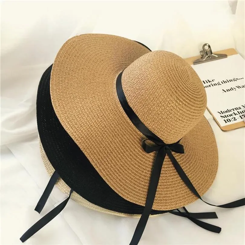 Berretto estivo per ragazze Nastro nero Decorare cappello di paglia ondulato per ragazze Bambini Cappello Panama Berretto da sole per bambini Cappelli da spiaggia per bambini206z