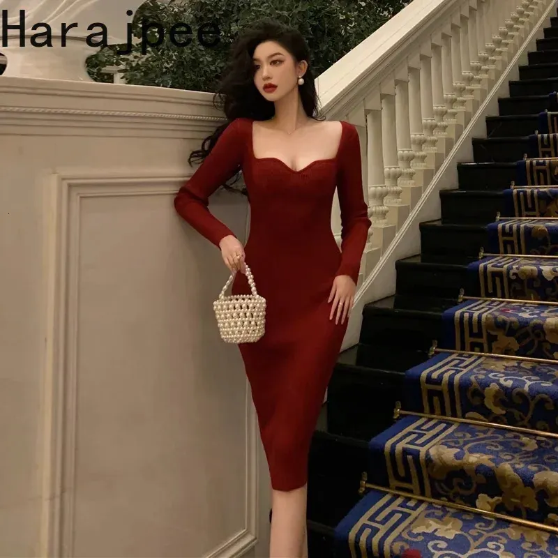 DHgate Womens Knitted Dress Korean Fashion Dinner Long Autumn Winter Red Elegant Casual Evening Vestidos Apparel