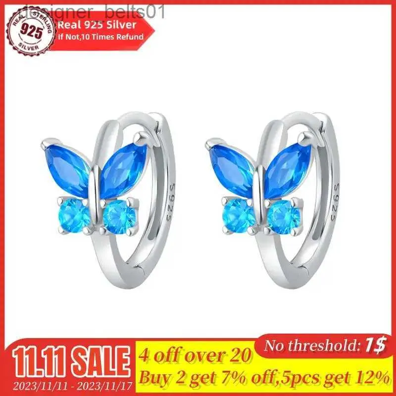 Stud 100% Real 925 Sterling Silver Blue Butterfly örhängen Zirkon smycken glittrande original öronstänger för kvinnliga smycken gåvor231117