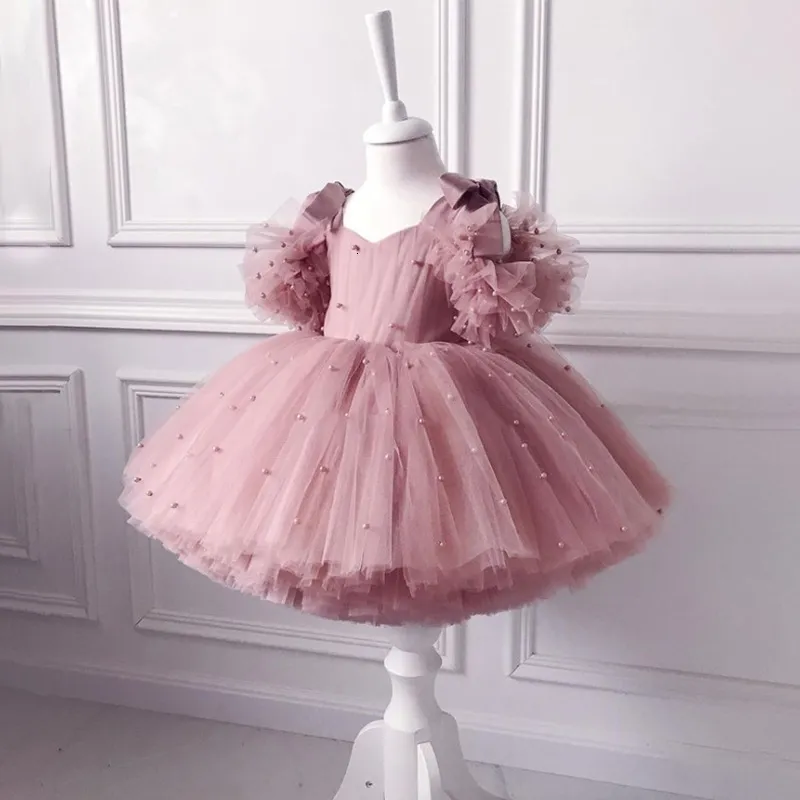 baby girl tulle dress A Little Extra Romper Romantic baby dress in pink color with gold appliques and white tulle tutu pearl infant princ dr with