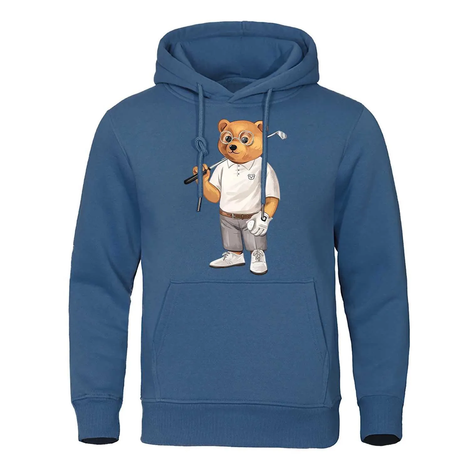 Men's Hoodies Sweatshirts Mr. Bear With a Golf Club In The Street Clothes Mens Hip Hop Loose Hoodies Warm Crewneck Hoody Crewneck Pullover Streetwear Man J231116