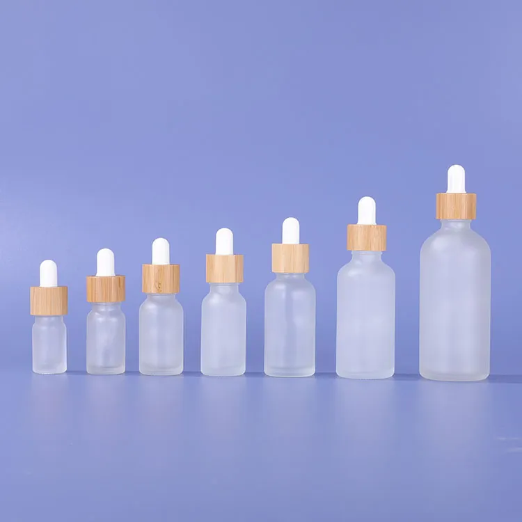 Beliebte langlebige Flasche, 5–100 ml, klare Tropfflaschen mit weißem oder schwarzem Gummikopf und Bambusring