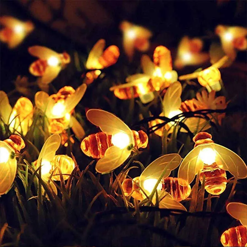 LED Strings Solar Powered Cute Honey Bee Led String Fairy Light 20leds Bee Outdoor Garden Fence Patio Christmas Garland Lights Garden Decor P230414